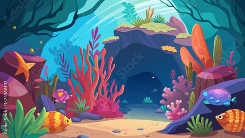 A colorful underwater scene with a cave in the middle. The cave is surrounded by a variety of colorful plants and sea creatures. Scene is vibrant and lively, with a sense of adventure and exploration
