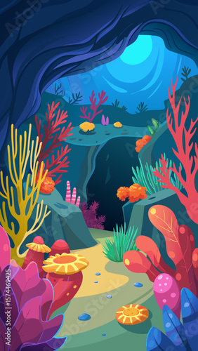 A colorful underwater scene with a cave in the middle. The cave is surrounded by a variety of colorful plants and sea creatures. Scene is vibrant and lively, with a sense of adventure and exploration