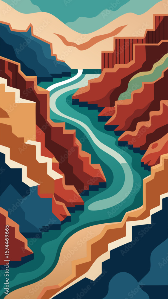 Fototapeta premium A river flows through a canyon with trees on both sides. The water is blue and the rocks are brown