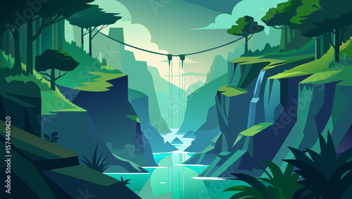 A lush green forest with a river running through it. The scene is peaceful and serene. The trees are tall and the water is calm. The sky is partly cloudy, adding a sense of depth to the landscape