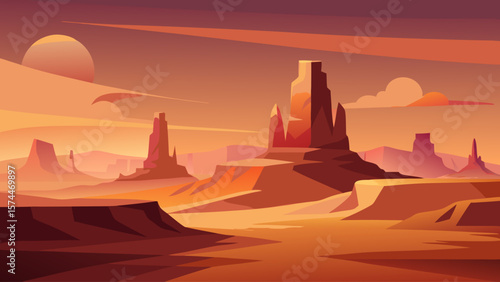A tranquil desert scene with three stone pillars standing in the sand. The sun is setting in the background, casting a warm glow over the landscape. The scene is calm and serene, with the pillars