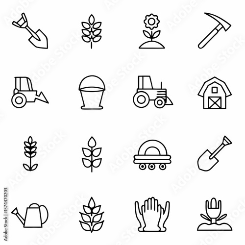 Farming agriculture tools and equipment vector icons set for farm field work and harvest season line art style