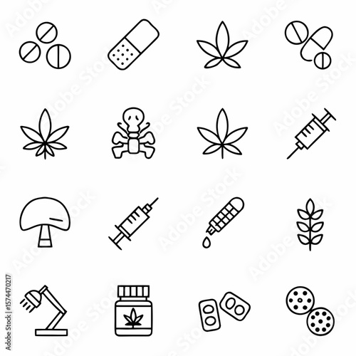Medical cannabis marijuana drugs pills syringes and psychedelic mushroom line art vector icon set design