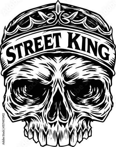 SVG of a graffiti-style skull head with bold urban flair. Street King Skull Graphic with Bold Typography and Crown Design