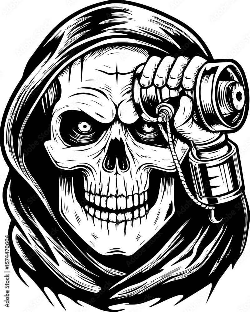 Fototapeta premium SVG of a graffiti-style skull head with bold urban flair. Grim Reaper Holding Vintage Telephone in Dark Illustration