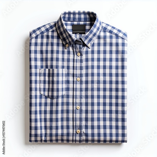 Folded blue and white gingham shirt neatly presented clothing apparel on white background