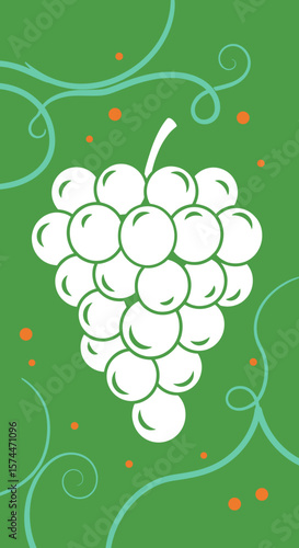 Grape cluster silhouette on vibrant green background with decorative swirls and copy space
