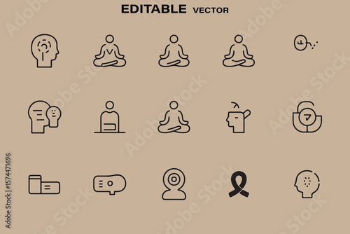 Collection of editable vector icons representing mindfulness meditation technology and health concepts