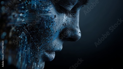Futuristic concept of AI technology in human profile and digital elements

