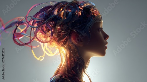 Hyper-realistic 3D art of human mind fused with technology

