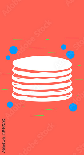 Illustration of stacked pancakes with colorful background, copy space
