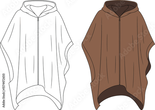 Fashion flat sketch of poncho with hood, zipper front cape design, stylish outerwear template, vector technical drawing, garment mockup illustration.