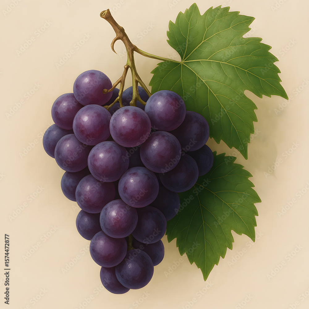 Fototapeta premium Bunch of Purple Grapes with Green Leaves Isolated on Light Background