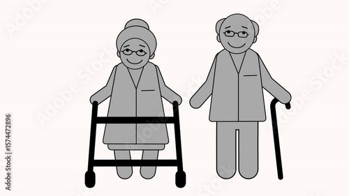 Minimal loop animation of a smiling elderly couple holding hands – cartoon-style grandma with walker and grandpa with cane. Rendered in grey tones on alpha background.