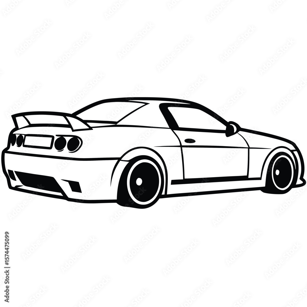 Fototapeta premium Sleek sports car with rear spoiler and custom wheels in a clean line art silhouette