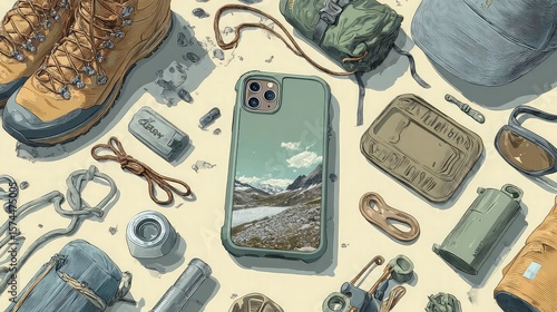 Outdoor adventure gear collection featuring hiking boots and mobile phone