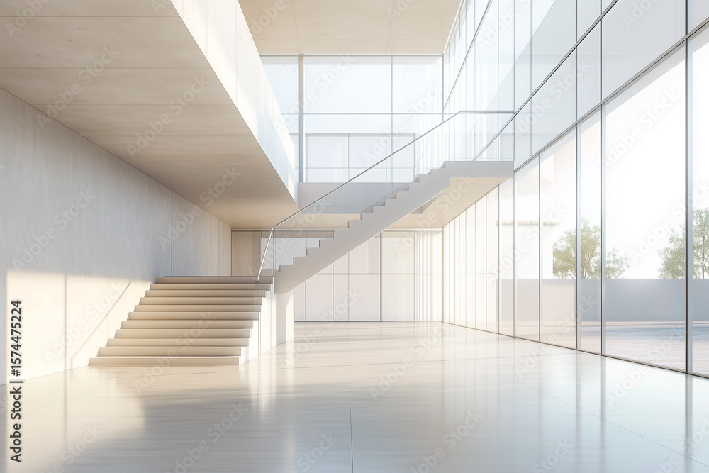 Obraz premium Bright Minimalist Atrium With Floating Staircase And Floor-To-Ceiling Glass Wall Overlooking Outdoor Landscape