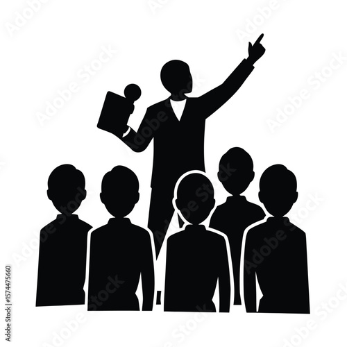 Black silhouette of a speaker addressing a group of people vector