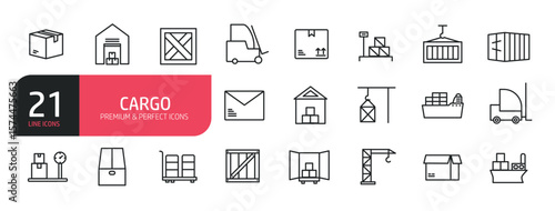 Set of line icons related to cargo, delivery, transport, truck, distribution. Outline icons collection. Editable stroke. Vector illustration