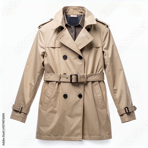 Classic beige trench coat showcasing symmetrical design and tailoring on white background