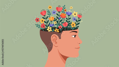 Blooming Mind: Colorful Flowers in Human Head Illustrating Mental Health, Positive Thinking, Growth, and Well-being