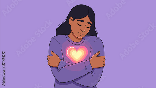 Self-love and inner peace concept: Person hugging themselves with a glowing heart symbolizing compassion and well-being.