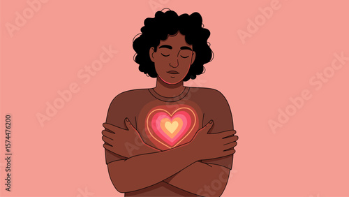 Self-Love and Inner Peace Illustration: Person Embracing Themselves with a Glowing Heart