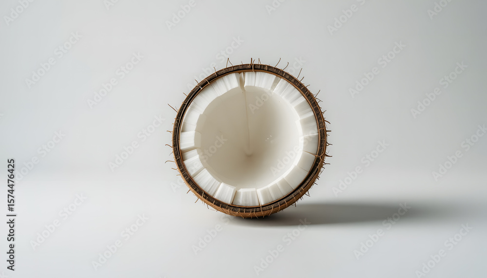 Fototapeta premium A perfectly halved coconut, showcasing its white flesh and clearly defined brown shell on a clean background.