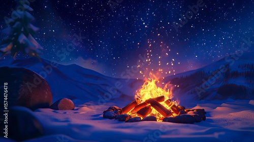 A cozy campfire scene under a starry night sky