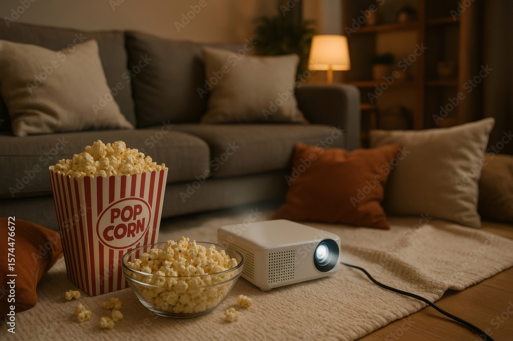 Obraz premium Projector casting a warm glow over a cozy living room, with popcorn ready for an enjoyable movie night filled with relaxation and entertainment