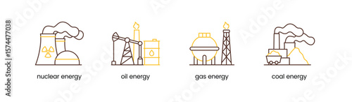 non renewable energy types icons. oil, gas, coal, and nuclear. fuel types icons set. 