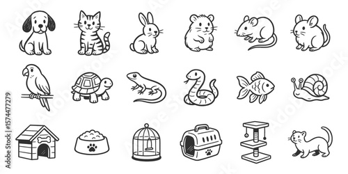 Pet animals doodle icon set. Cute hand drawn sketch illustrations of dog, cat, rabbit, fish, hamster, parrot. Black and white cartoon art for domestic pets. Vintage marker drawing collection.