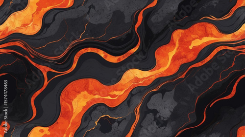 Abstract background with lava like fluid streaks in vibrant shades of orange and dark grey
