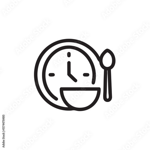 A black and white outline icon representing mealtime with a clock and dish.