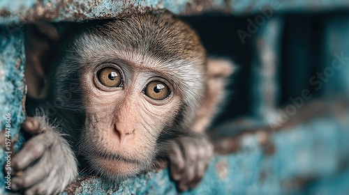 A curious monkey gazes out from a blue, weathered enclosure, with innocent eyes and textured fur detail