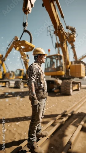 Wallpaper Mural A construction worker stands confidently on a busy site, wearing a hard hat and protective gear Torontodigital.ca