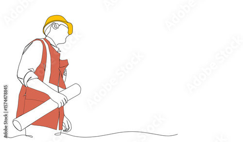 Line Art Drawing of a Construction Architect Working at a Site
