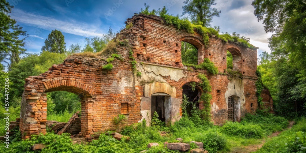 Fototapeta premium Ancient brick structure with crumbling facade and partially collapsed wall amidst overgrown vegetation