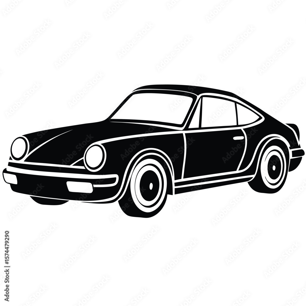 Obraz premium Classic sports car coupe with distinctive round headlights and racing stripes silhouette