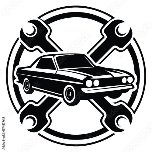 Classic american muscle car with crossed wrenches and circle emblem silhouette
