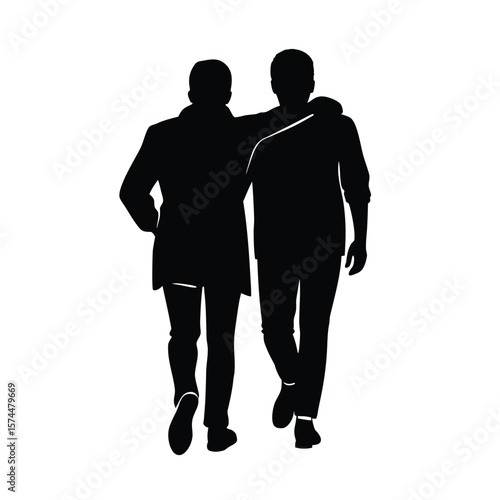 Black silhouette of two men walking arm in arm on a white background friends