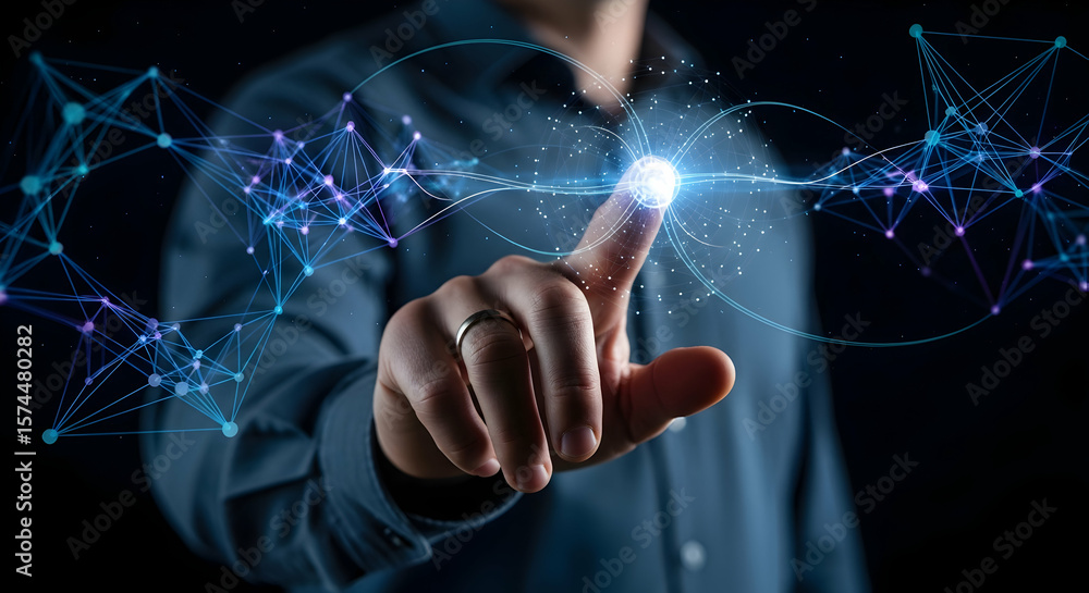 Hand pointing at abstract digital network Hand pointing at abstract digital network
