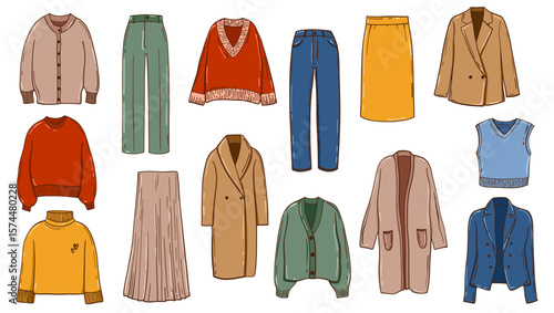 Hand Drawn Cozy Autumn Clothing Collection. Autumn Clothes for Women. Vector Illustrations