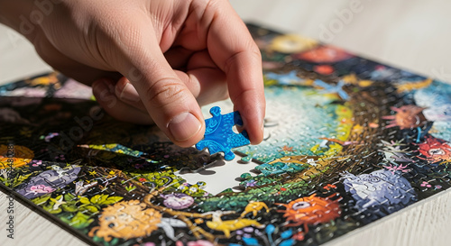 Hand placing puzzle piece on colorful jigsaw