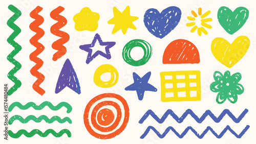 Collection of various hand drawn shapes in different colors on a light cream colored background