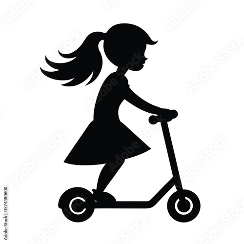 Black silhouette of a girl with a ponytail riding a scooter child