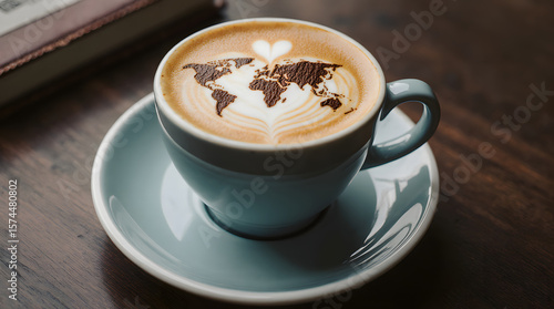 A cup of latte with world map latte art and a heart shape on top, placed on a wooden table