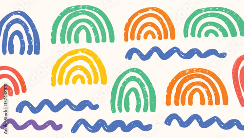 Colorful arches and wavy lines pattern with red, orange, yellow, green, blue, and purple hues design