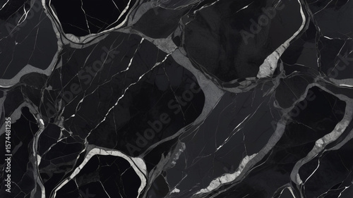 Elegant seamless black marble stone texture surface with gray veins design background