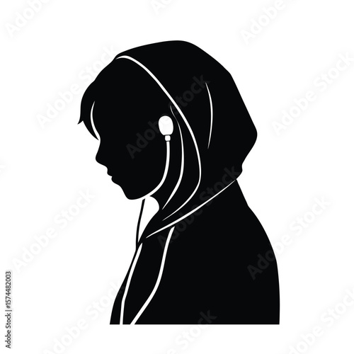 Black silhouette of a person in a hoodie wearing earbuds listening to music vector